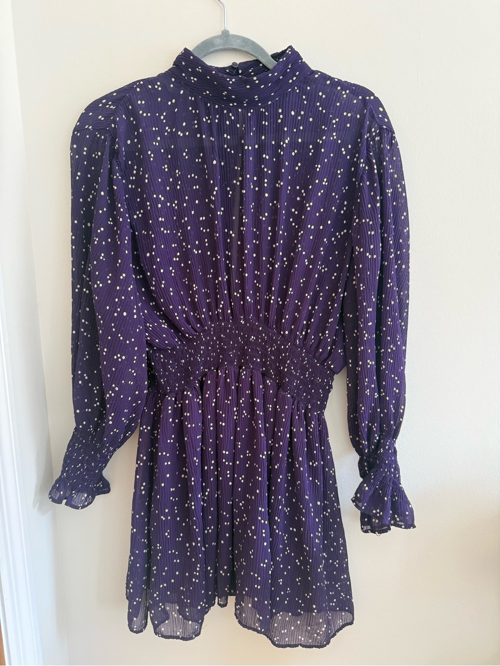 Zara Purple Long-Sleeve Smocked Waist Romper with White Dot Print